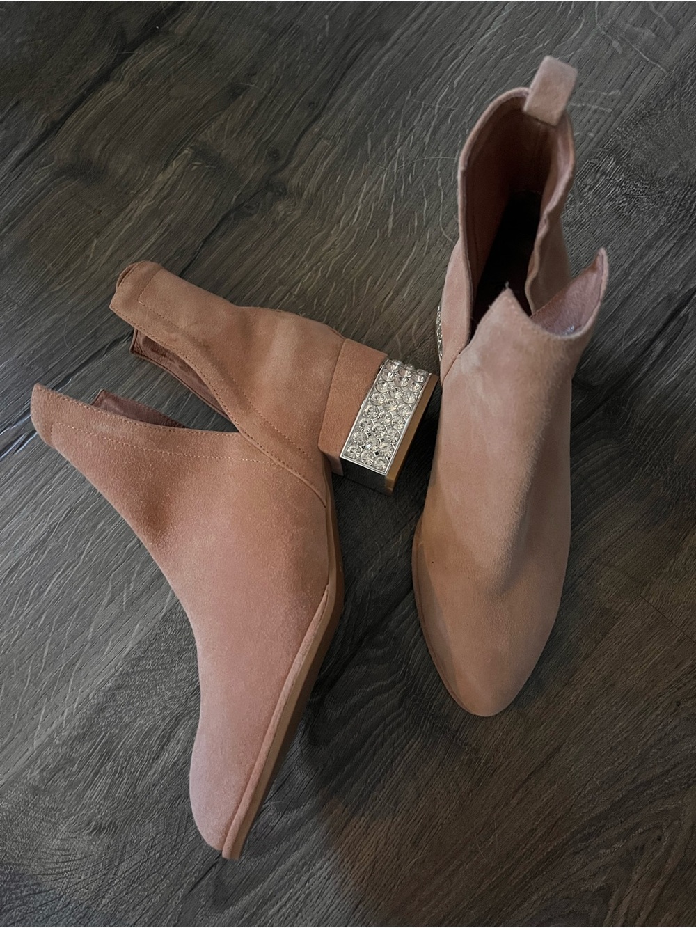 Jeffrey Campbell Blush Pink Suede Ankle Booties with Crystal Block Heel
